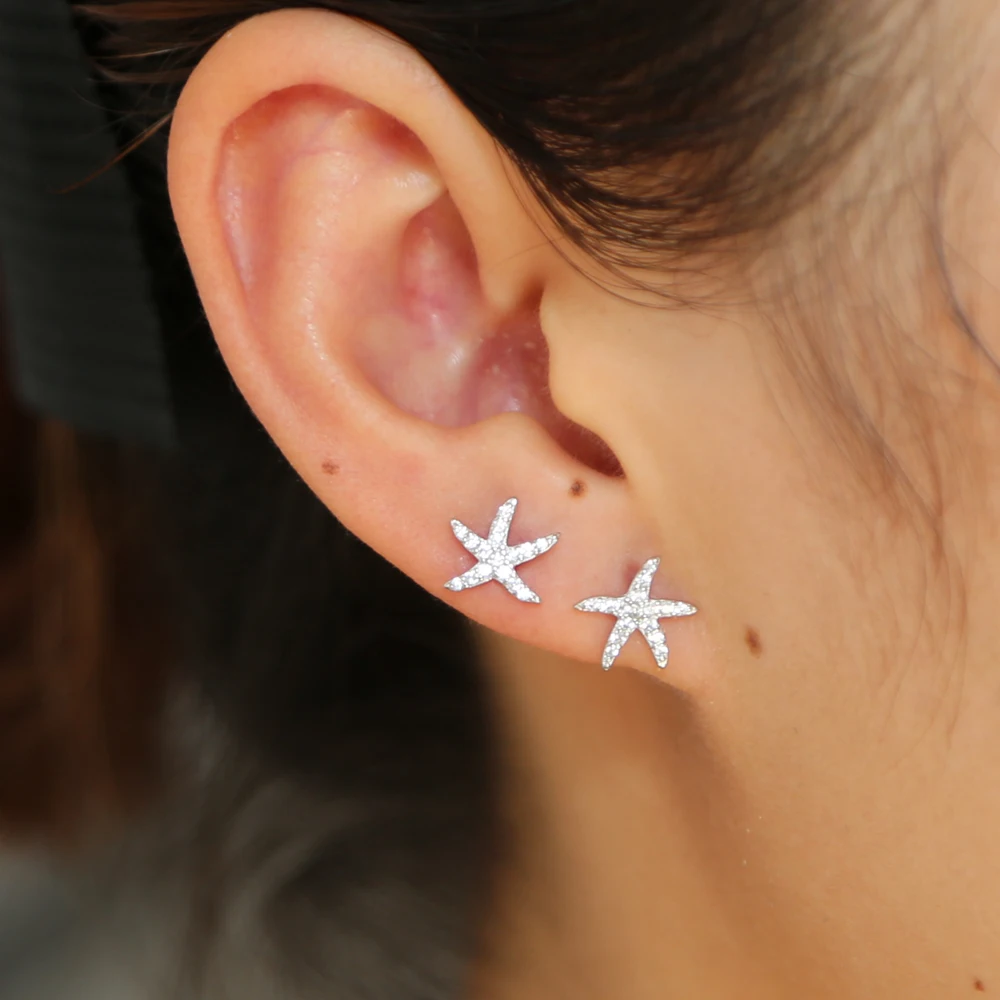 Hot Sale 100% 925 Sterling Silver Star Tropical Starfish Stud Earrings for girl lady, Clear CZ Fashion Jewelry