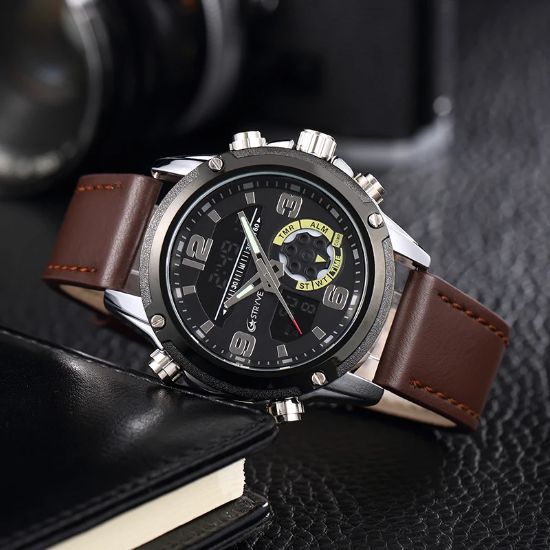 2019 Stryve Brand New Men Military Leather Sports Luminous Clock Luxury Dual Time Quartz Digital Watches Waterproof Reloj Hombre