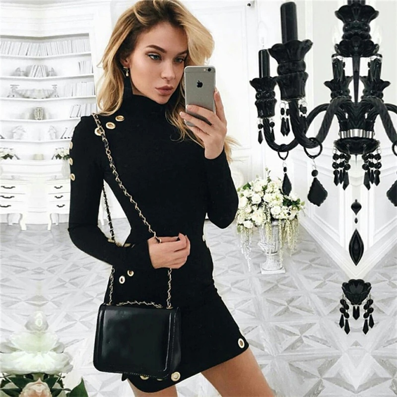 2023 Spring Summer New Women Long Sleeve Sexy Black Mini Dress Package Hip Eyelet Bandage Dress High-Necked Casual Party Dress