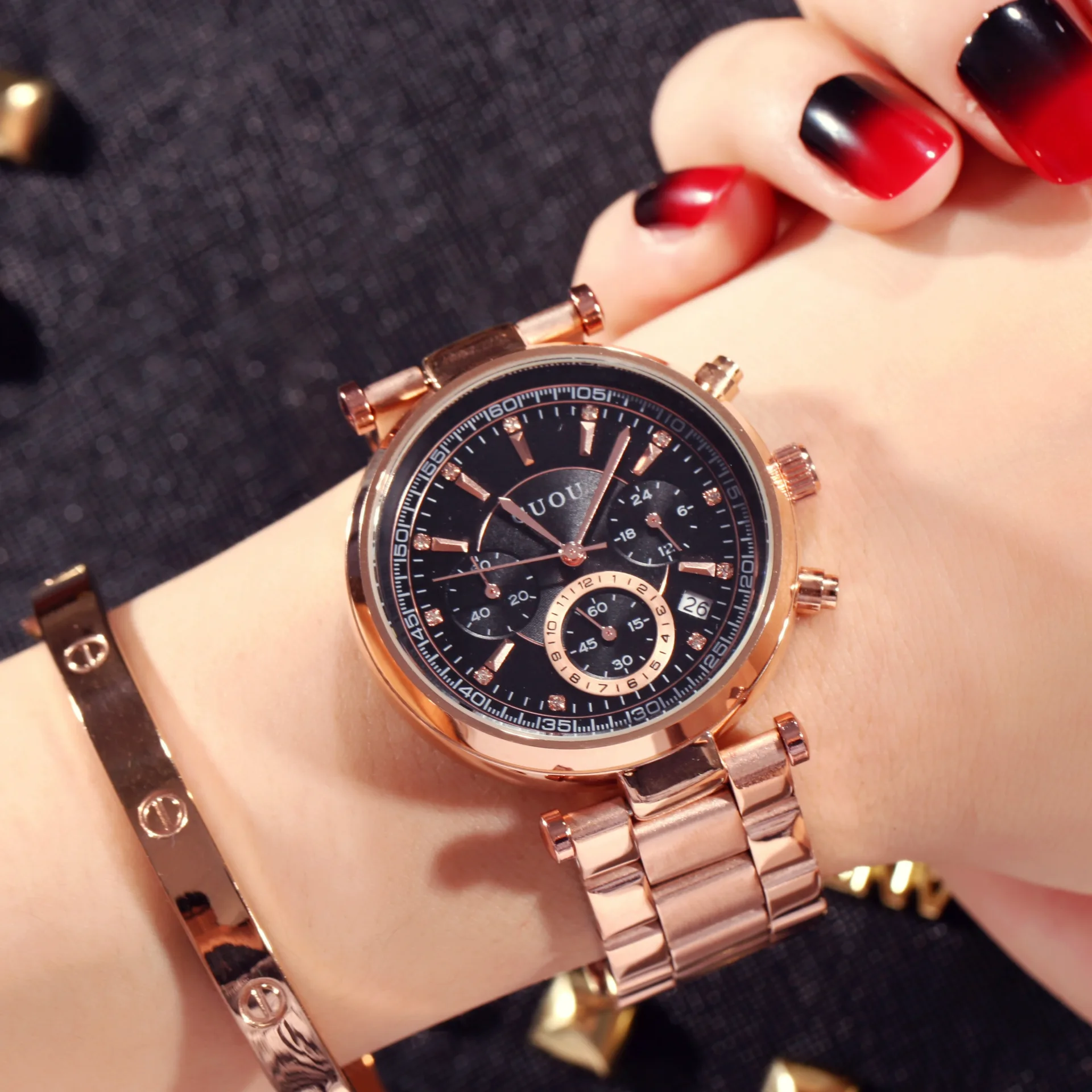 2018 TOP GUOU Brand Fashion Real 3 Eyes Work Rose Gold Steel Quartz Women Ladies Wrist Watch Bracelet Calendar Japan Movt Clock