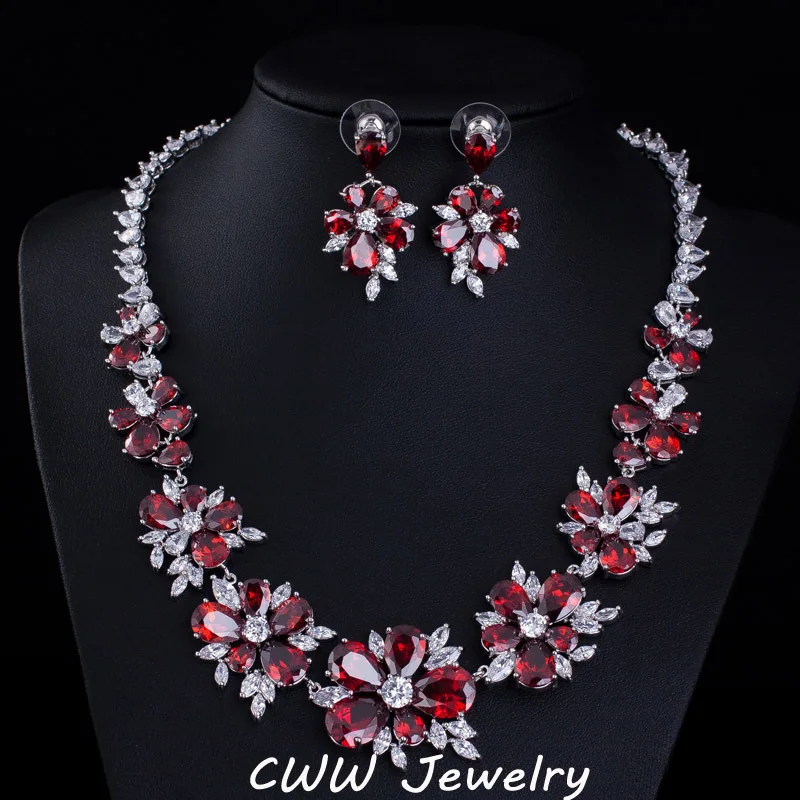 CWWZircons Blue CZ Bridal Jewelry Big Cubic Zirconia Stone Flower Wedding Choker Necklace Earrings Sets For Women  T153