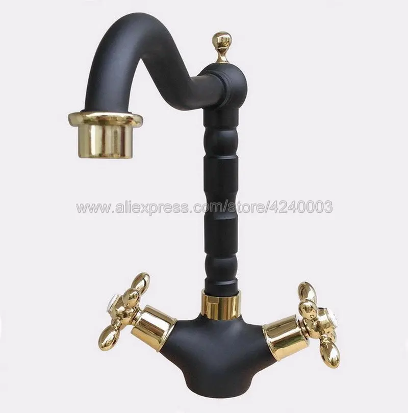 Grifos de lavabo de latón dorado y bronce frotado, manijas dobles, mezclador giratorio de lavabo de baño, Knf808 grifo de agua caliente y fría, color negro