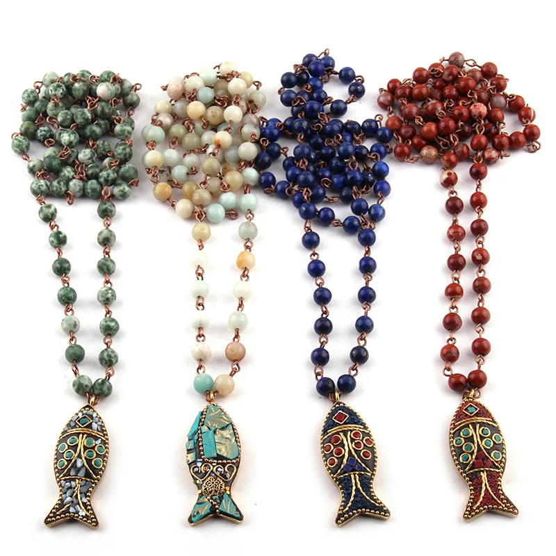 Fashion Bohemian Tribal Jewelry 6mm Semi Precious Stones Rosary Chain 4cm Fish Pendant Necklace Women Ethnic Necklace