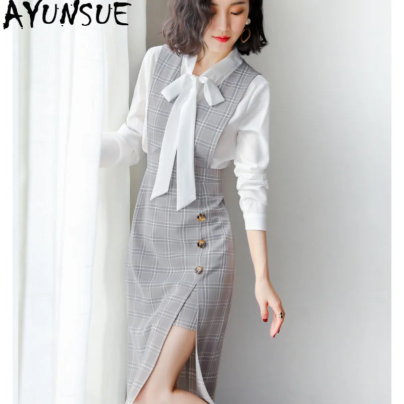 

Spring Autumn Dress Women 2020 Casual Elegant Office Dress Female Sexy Bodycon Work Dresses White Shirt+plaid dress ZT1975