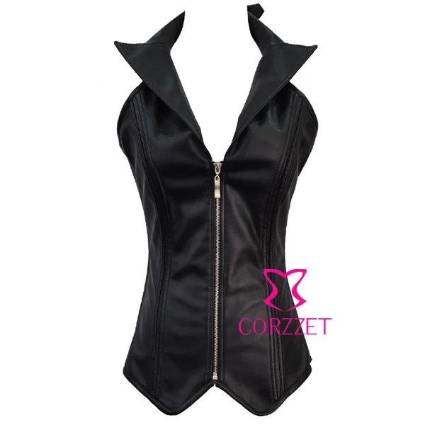 

Women Black Faux Leather Zipper Front Lace Up Back Halter Neck Overbust Gothic Bustiers & Corsets Waist Body Shaper With Collar