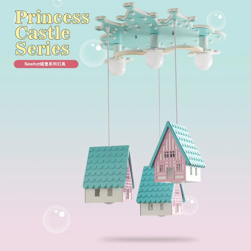 Cartoon Creative Blue House Chandelier Girl's Bedroom Children's Room Light Modern Simple LED Castle Chandelier free shipping