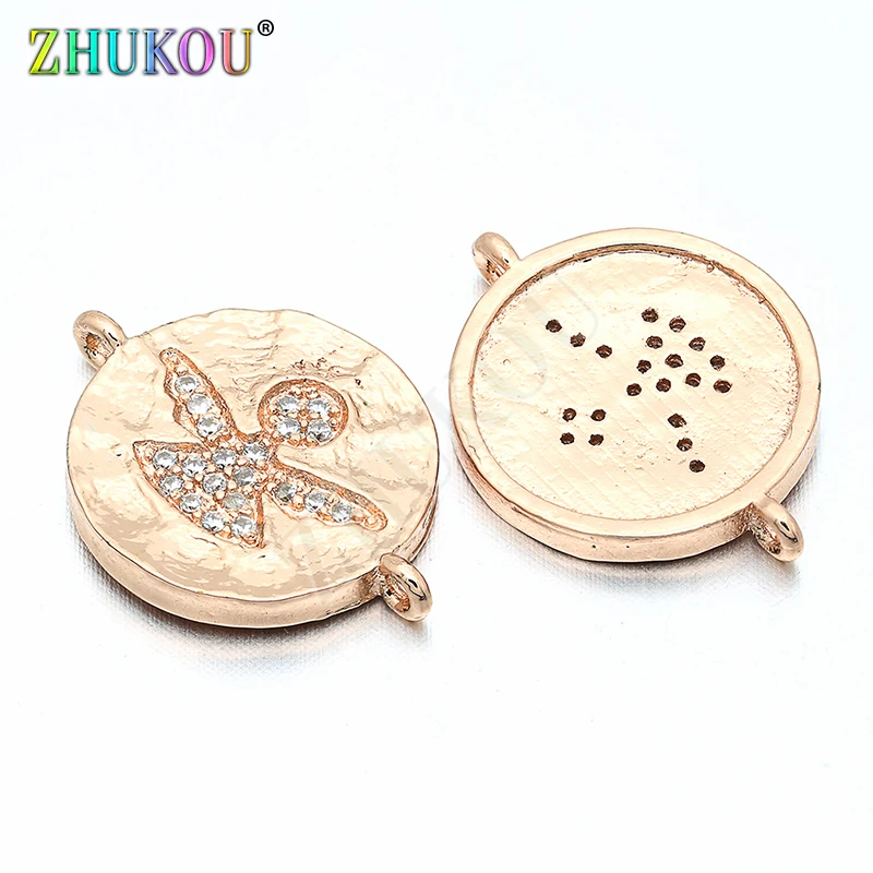 14mm Brass Cubic Zirconia Round Shape Charms Connectors for Diy Jewelry Findings, Hole: 1mm, Model: VS101