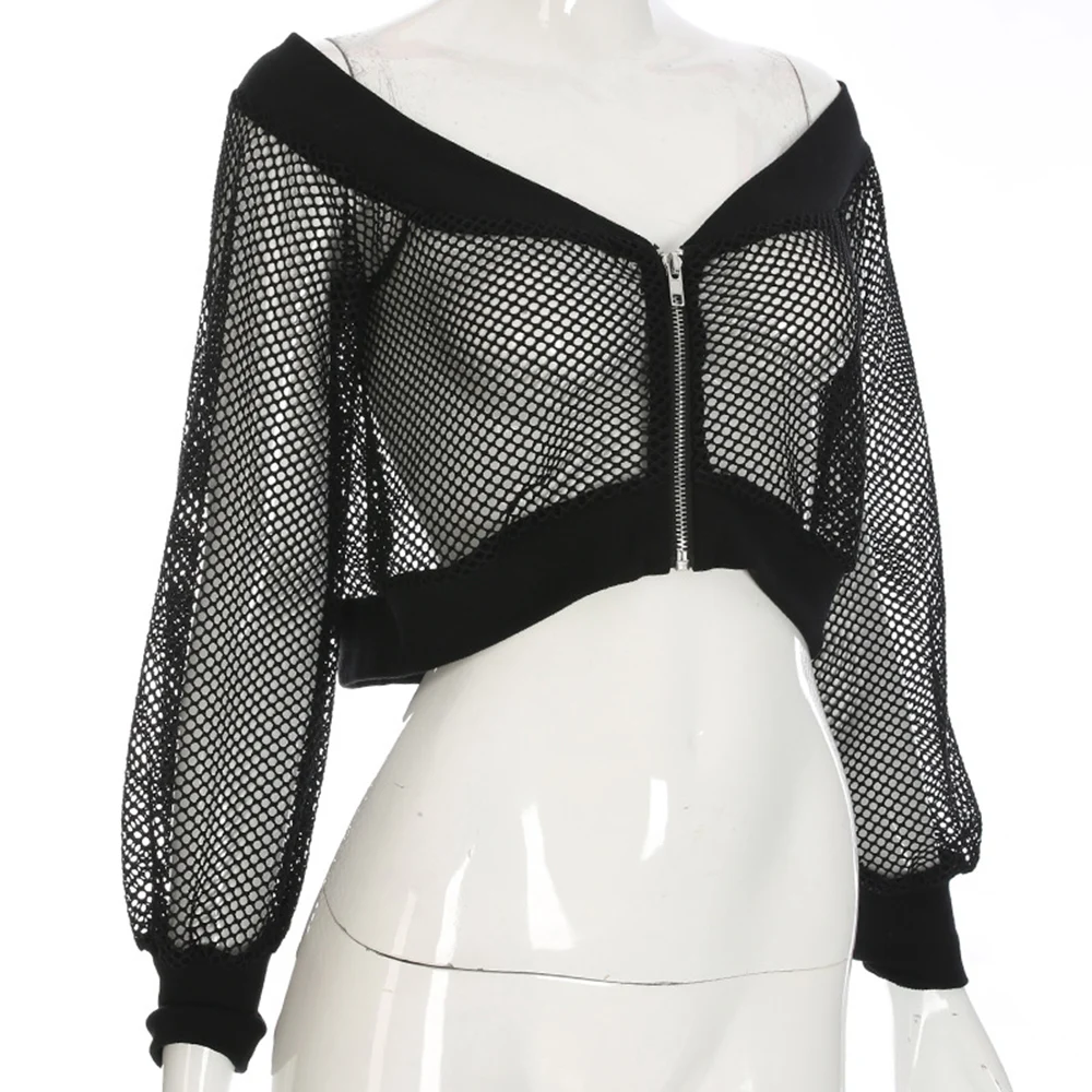 Rosetic Gothic Sexy Short Women Blouse Black Mesh See-Through Slash Neck Hollow Off Shoulder Long Sleeve Club Street Goth Blouse