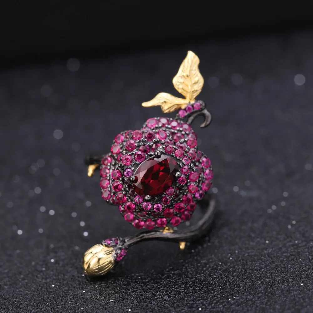 GEM\'S BALLET 1.00Ct Natural Rhodolite Garnet Rose Flower Ring 925 Sterling Silver Handmade Adjustable Open Ring for Women Bijoux
