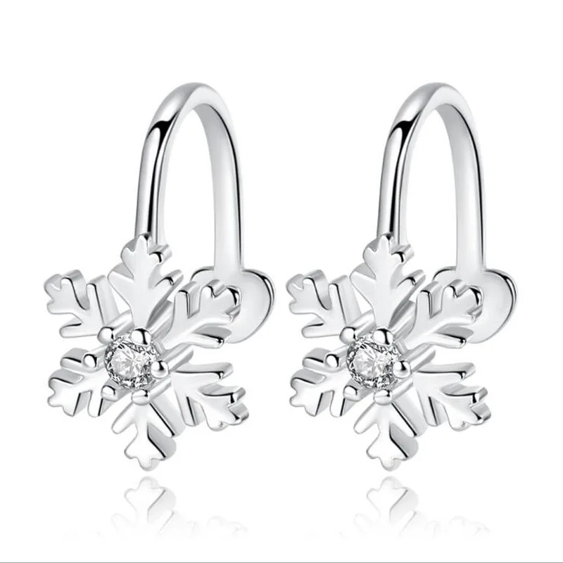 KOFSAC New Fashion 925 Silver Earring Non Pierced Shiny CZ Snowflake No Hole Ear Clip Earrings For Women Christmas Jewelry Gifts