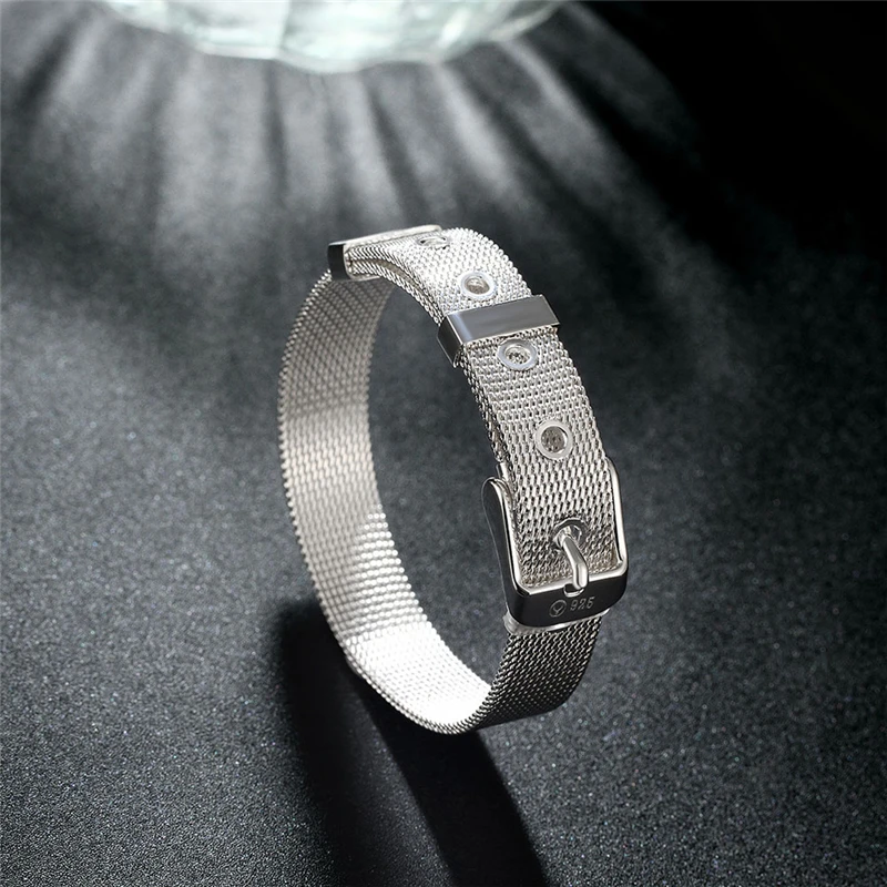 DOTEFFIL 925 Sterling Silver 10/12/14mm Web Watch Belt Bangles Bracelets For Women Men Wedding Engagement Jewelry