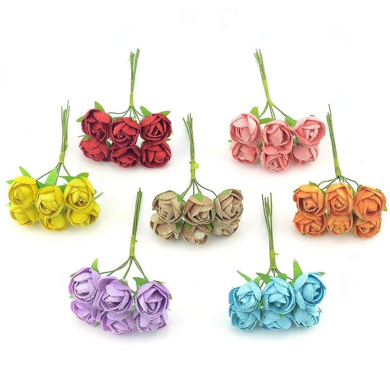 1bunch\6pcs Mini Paper Rose Fake Flower Bouquet Wedding Decoration Artificial Flower DIY Scrapbooking Garland Wreath Flowers