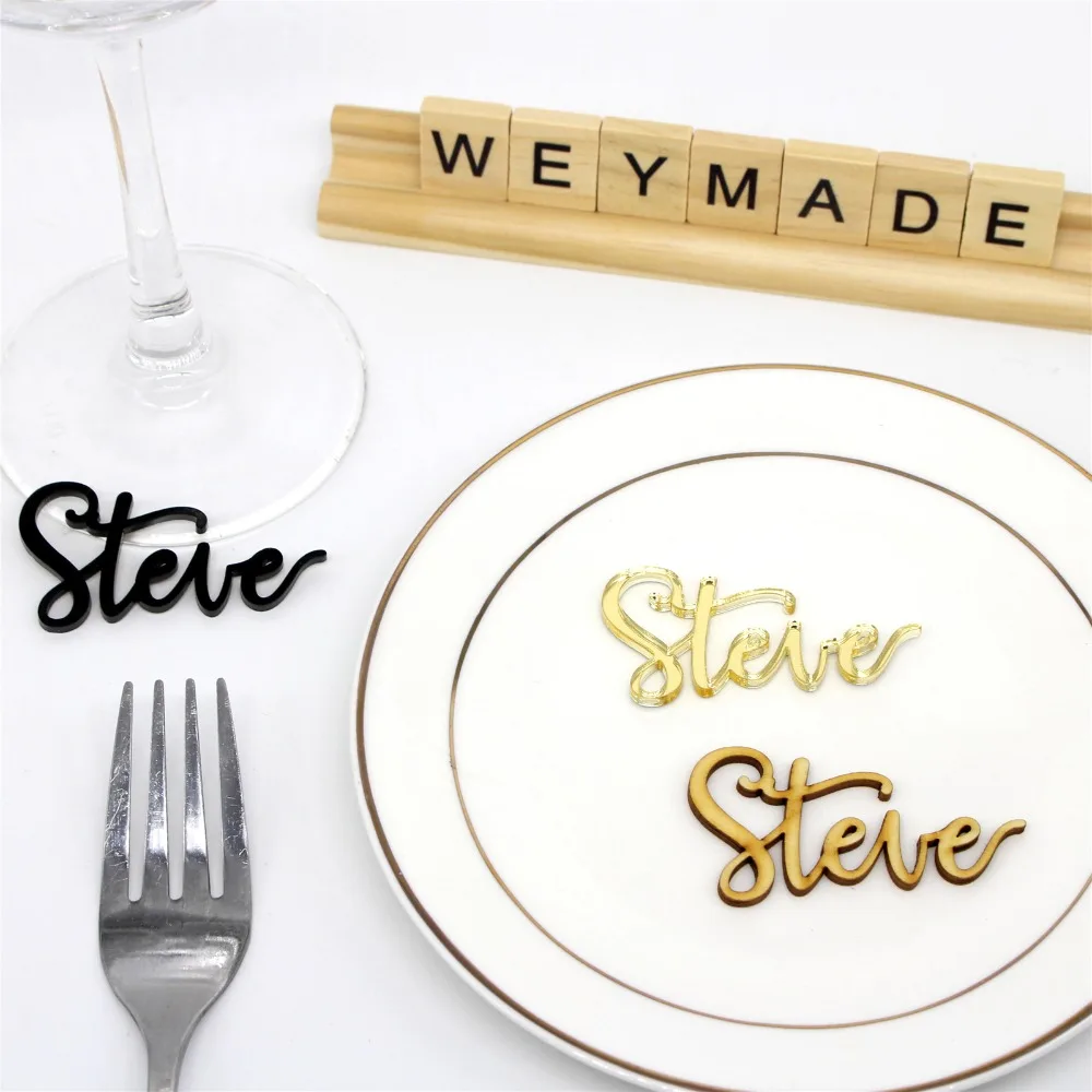 Personalized Laser Cut Gold Mirror Name Chocolate Favors Name Decoration Baby Shower Table Silver Guest Names Place Cards