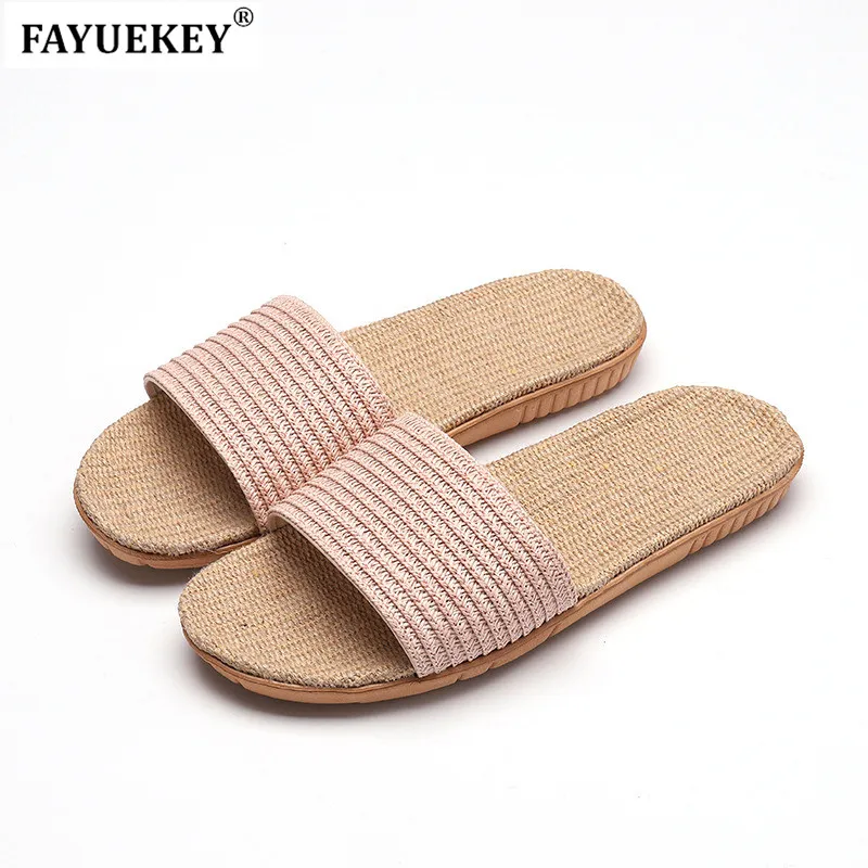 FAYUEKEY 2019 New Summer Home Breathable Non-slip Linen Flax Slippers Women Floor Beach Outdoor Slides Sandals Flat Shoes