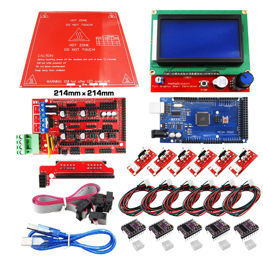 

HAILANGNIAO Reprap Ramps 1,4 комплект с Mega 2560 r3 + тепловой стол mk2b + 12864 ЖК-контроллер + DRV8825 + механический переключатель + кабели