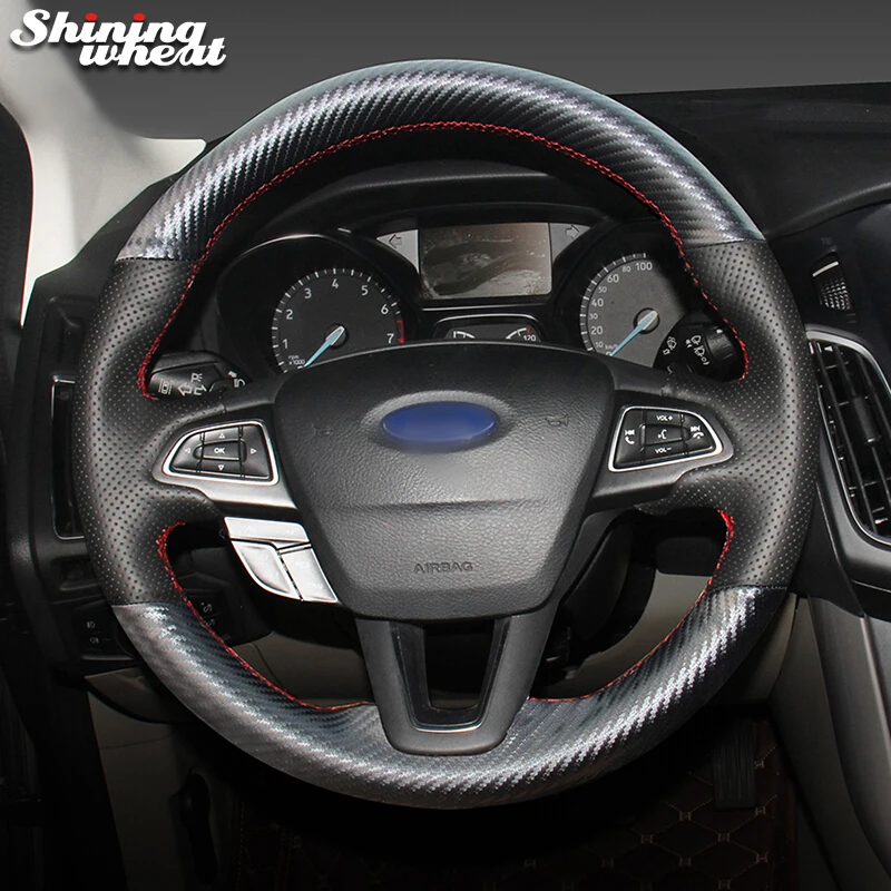 Shining wheat PU Carbon Fiber Leather Steering Wheel Cover for Ford Focus 3 2015-2018 Kuga 2016-2019 Escape C-MAX Ecosport