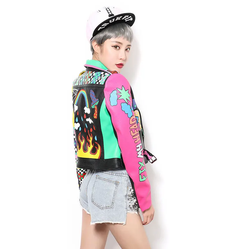 New Crazy style Graffiti Pattern PU Leather for Women Jacket With a Belt and Zippers Woman Motorcycle Short Leather Outwear