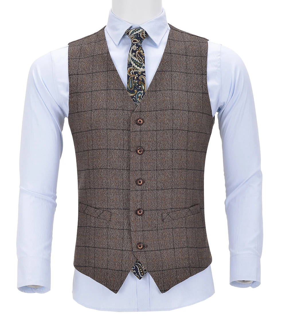 Mens Business Vest Boutique Slim Fit Single-breasted Cotton Suit Wool Plaid Brown Waistcoat For Wedding Formal Vest Groomsmen view 2