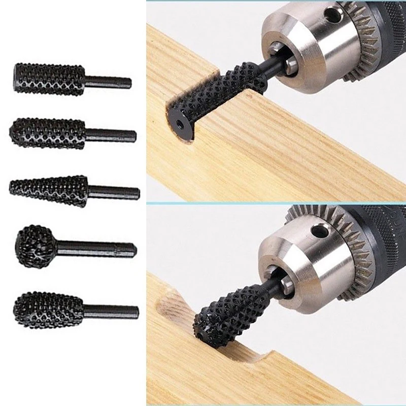 5pcs Wood Rasp File Drill Bits 1/4'' 6mm Shank Rotary Burr Set For Woodworking Tools