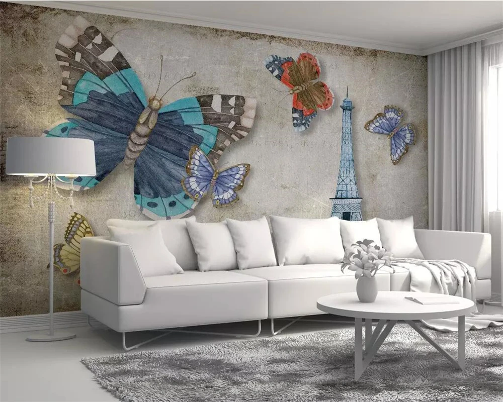 

Beibehang Custom wallpaper modern retro vintage butterfly Paris Tower TV background walls home decoration mural 3d wallpaper