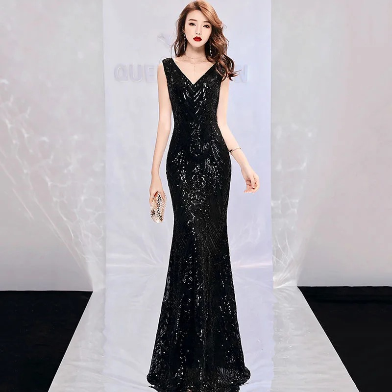 

Black Sequin V-neck Ladies Formal Dress Women Mesh Bead Sexy Long Evening Party Mermaid Dresses Legant Floor-length Dress