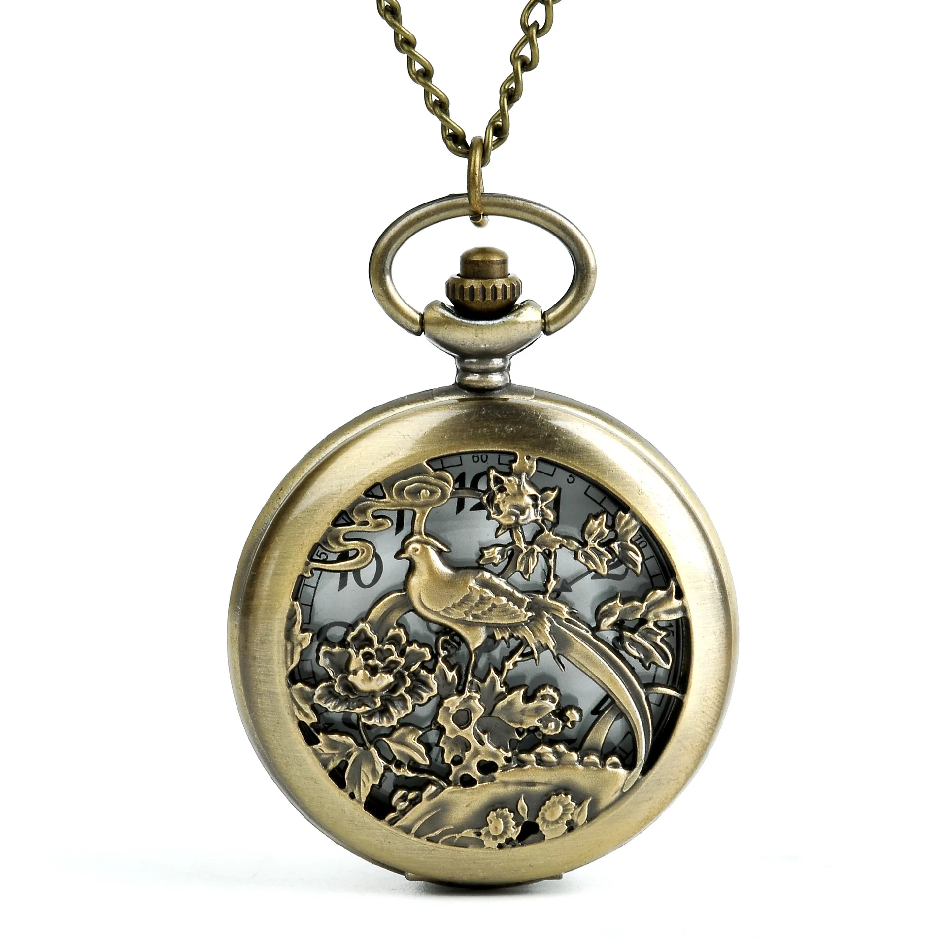 

9004 Vintage Classic Steampunk Skeleton Bronze Alloy Hollow Chinese Peony Phoenix Mechanical Style Pocket Watch With Chain Watch