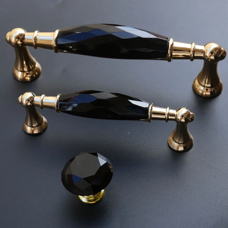 

96mm 128mm modern fashion deluxe k9 black crystal wardrobe kitchen cabinet door handles gold drawer tv cabinet knobs pulls 5"