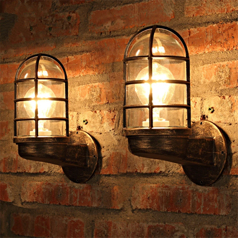 

Industrial Style Bedroom Bedside Wall Lamp Creative Glass Cover Cafe Light Waterproof Rust Iron Bar Lights Free Shipping