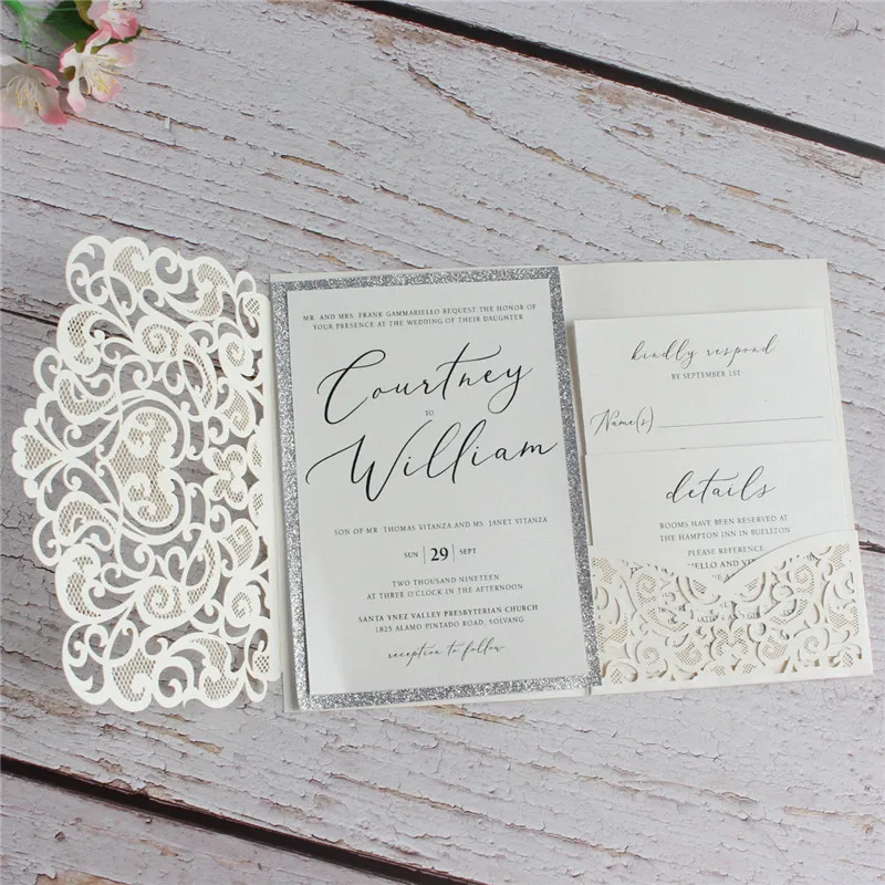 Ivory wedding invitations printing glitter silver insert card with envelop flower tri-folded laser wedding card pocket