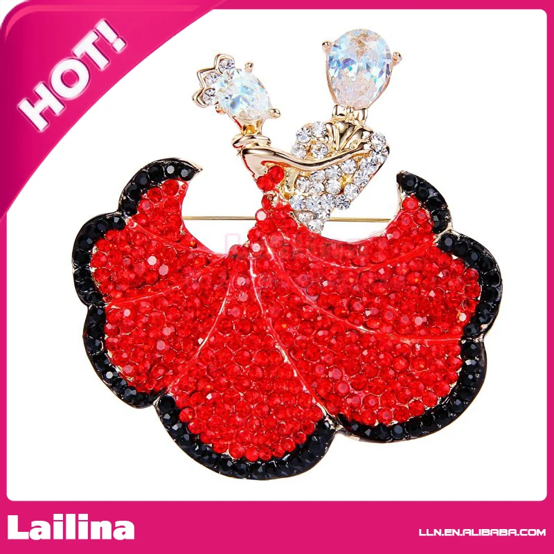 

Fashion 100pcs/lot 3"H*2.7"W Gold-Tone Ballroom Dance Brooch With Red Crystal