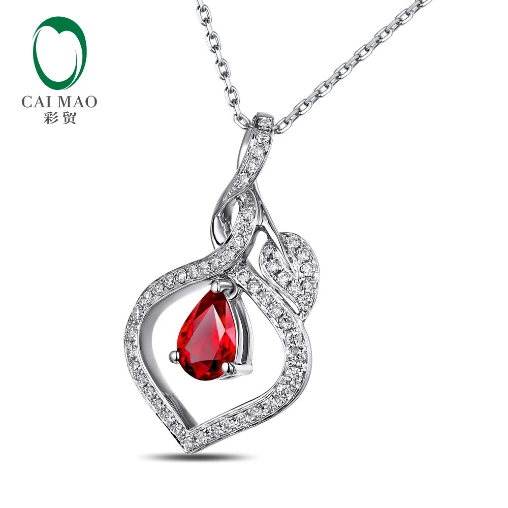 CaiMao 14KT/585 White Gold 0.64ct Natural Red Ruby 0.24ct Round Cut Diamond Engagement Gemstone Pendant Jewelry