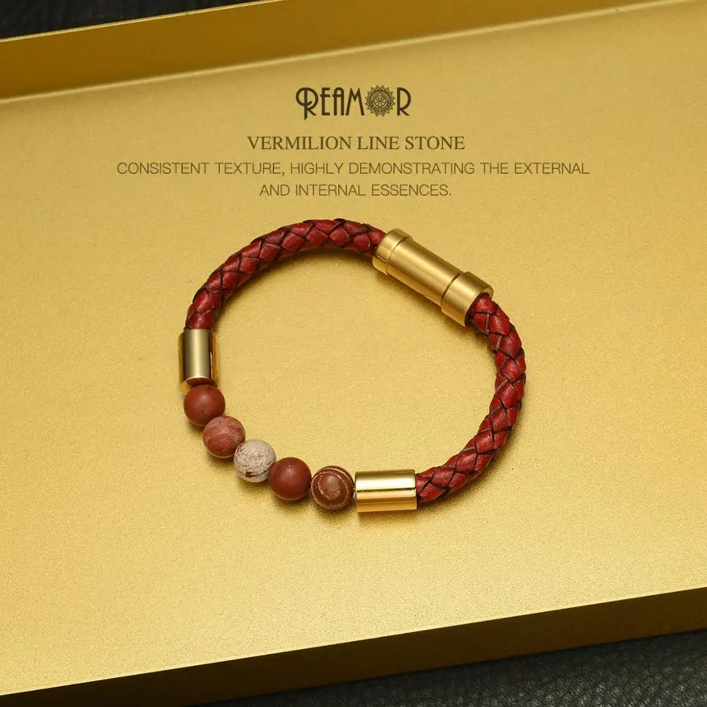 REAMOR Rising Sun Red Natural Stone Bracelet Gold Color Stainless steel Embedded Clasp Cowhide Braided Leather Bangles Pulseras