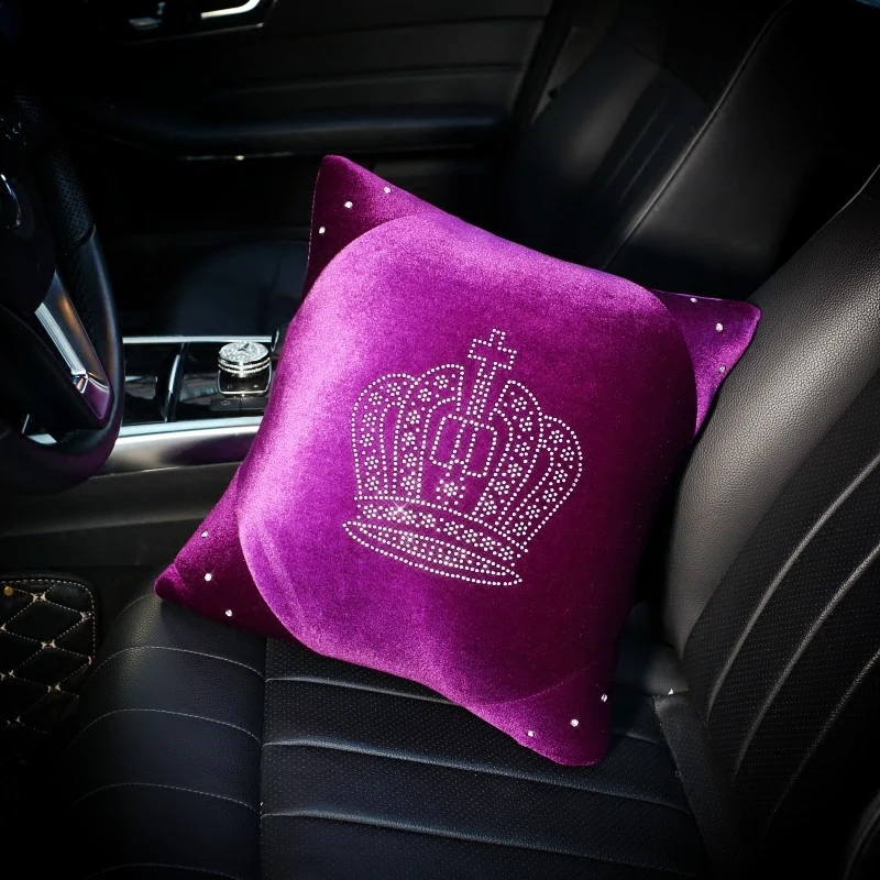 Purple Crystal Crown Car Seat Interior Accessories Steering Wheel Covers Plush Auto Neck Support Seatbelt Gear Shifter Cover Set