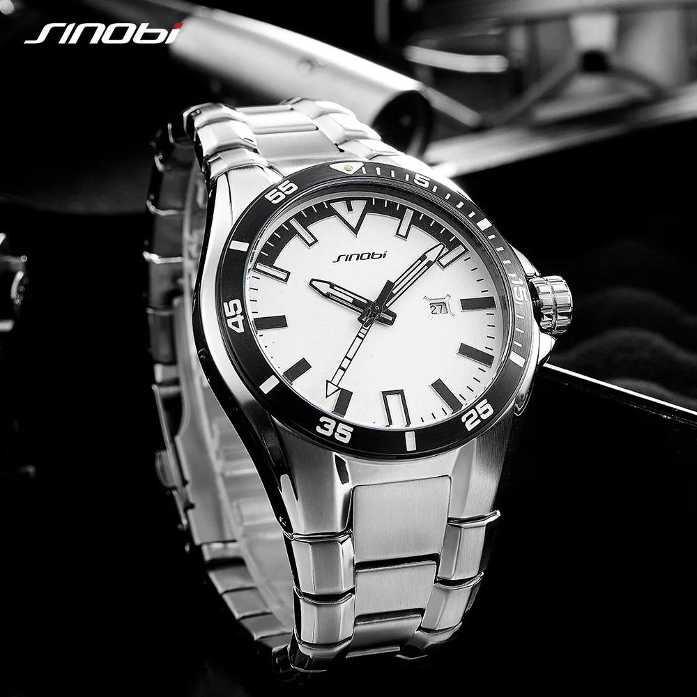 SINOBI Brand Luxury Men\'s Business Watch 47mm Dial Stainless Steel Strap Calendar Luminous Waterproof Men Sports Wristwatch