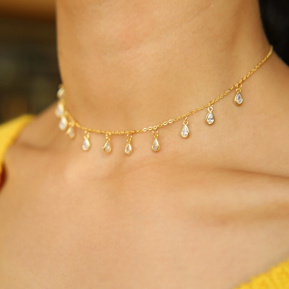 2024 New gold color delicate tear drop cz paved mulity cz charm pendant choker necklace for women girl fashion jewelry