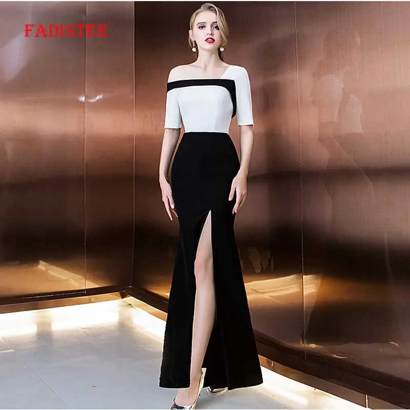 

FADISTEE new arrive evening prom long party style Criss-Cross black half sleeves little white dresses sexy side slit frock