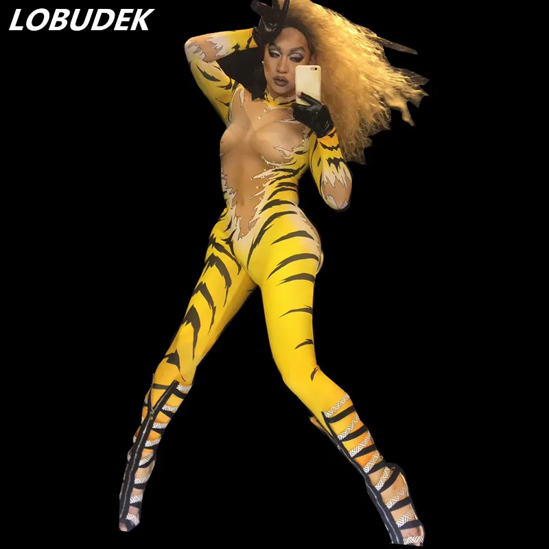 Female Nightclub Pole dance DJ performance costume yellow leotard Elastic jumpsuit Tiger printing slim bodysuit stage show wears