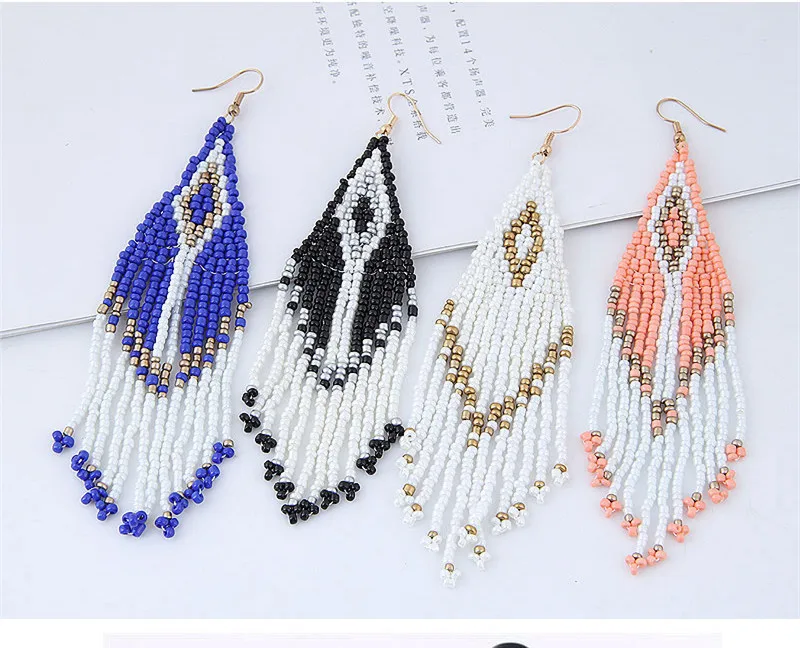 Kymyad Brincos Bohemian Beads Tassel Drop Earrings For Women Vintage Fashion Jewelry Ethnic Statement Long Fringe Boho Earring