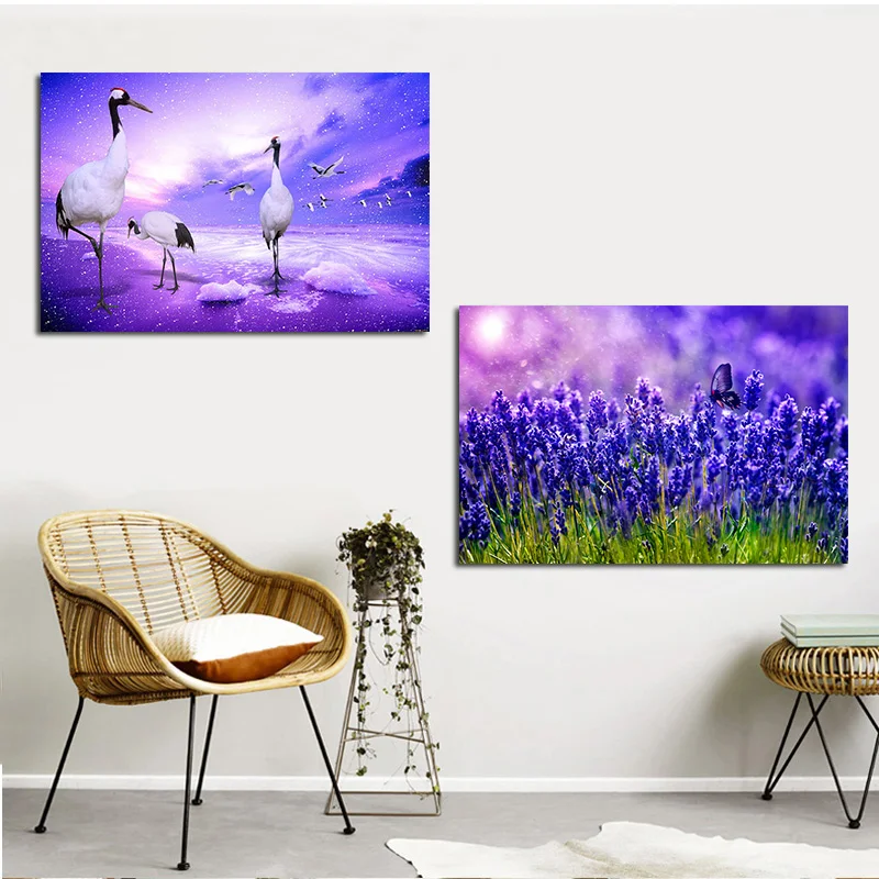 

Purple Lavender Red-crowned Crane Scenery Canvas Painting Poster Print Nordic Scandinavian Art Wall Picture For Kid Room Decor