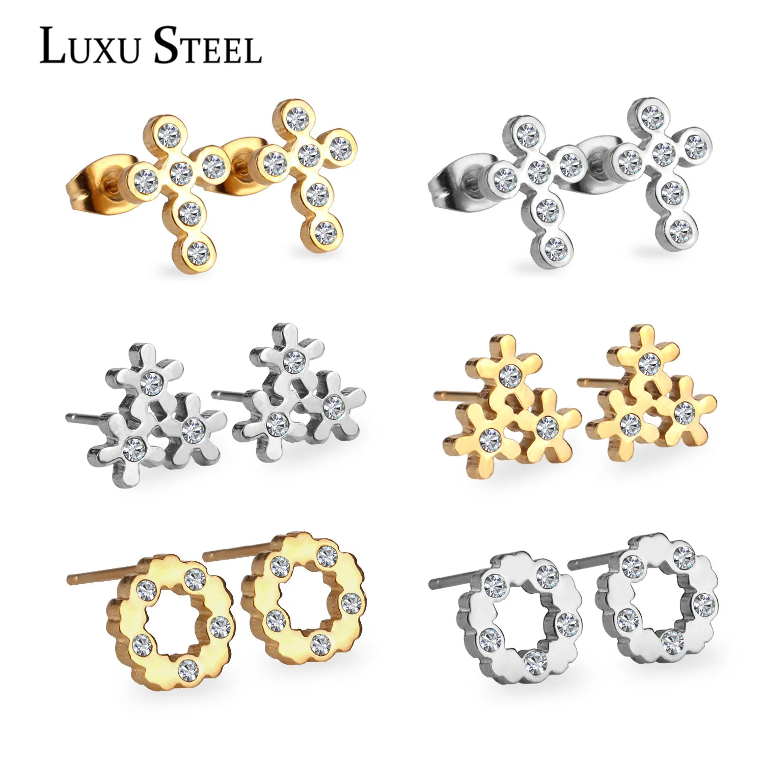 LUXUSTEEL 6pairs/box Cubic Zirconia Earring Sets Stainless Steel Mixed Color Cross/Flower/Round Shape Stud Earring Bijoux Ladies