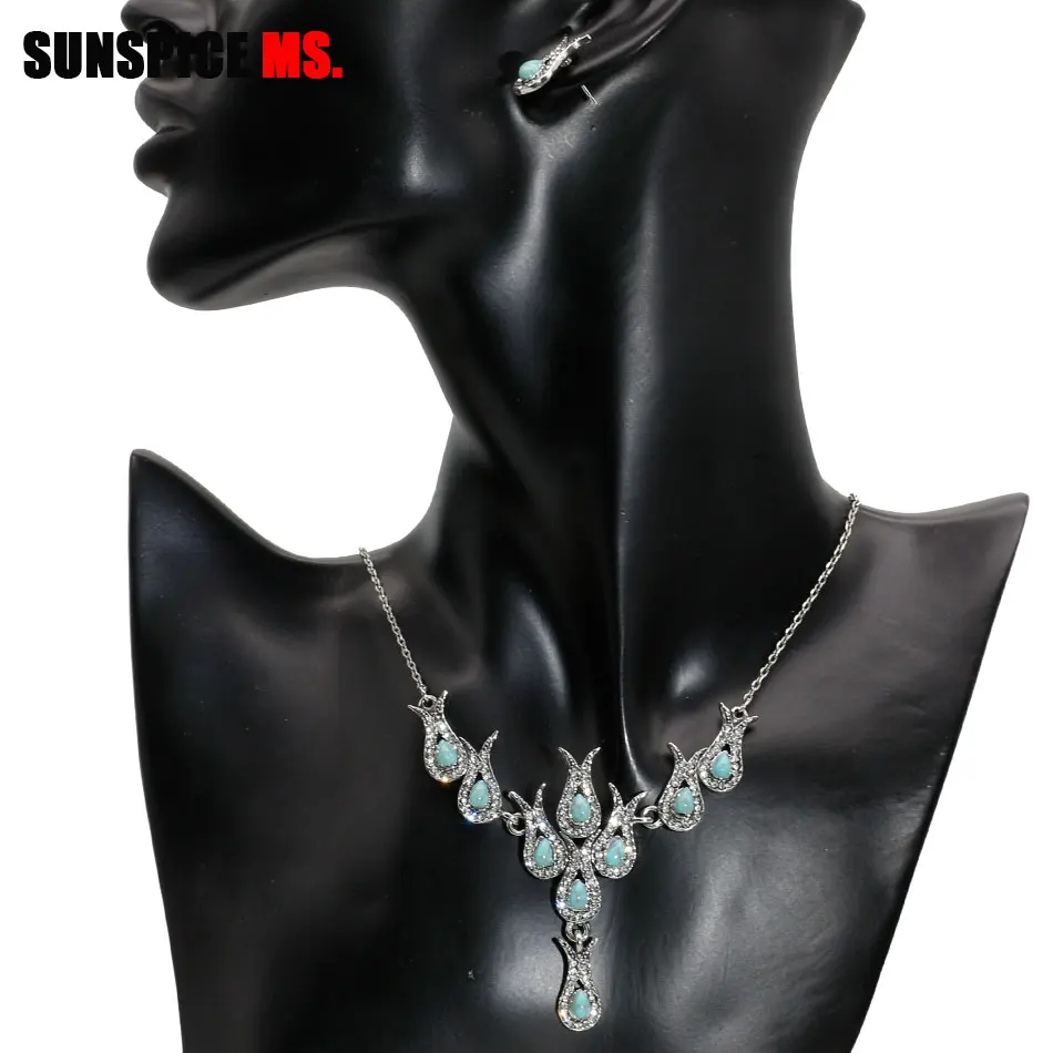 SUNSPICE MS Antique Silver Color Rhinestone Earring Necklace Sets For Women Morocco Traditional Wedding Jewelry Gifts