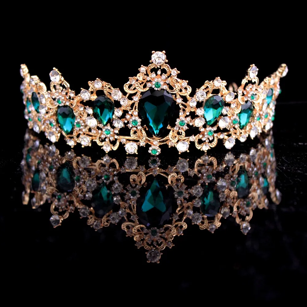 Baroque Red Blue Green Crystal Bridal Tiaras Crown Vintage Gold Color Hair Accessories Wedding Rhinestone Diadem Pageant Crowns