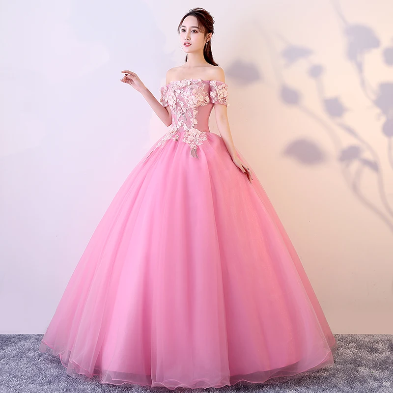 Y & m noviasアップリケロングquinceaneraのドレス夜会服レース刺繍オフショルダーパーティーウエディングドレス甘い花柄vestidos