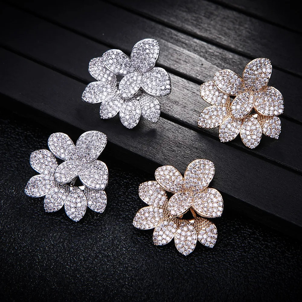 

Trendy Luxury Flower Blossom Stud Earrings For Women Wedding Cubic Zirconia Crystal African Dubai Bridal Earring E8084
