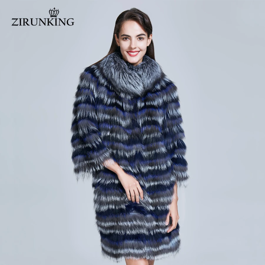 

ZIRUNKING Striped Real Silver Fox Fur Coat Women High Quality Fashion Autumn Warm Natural Leather Luxury Clothing ZC1738