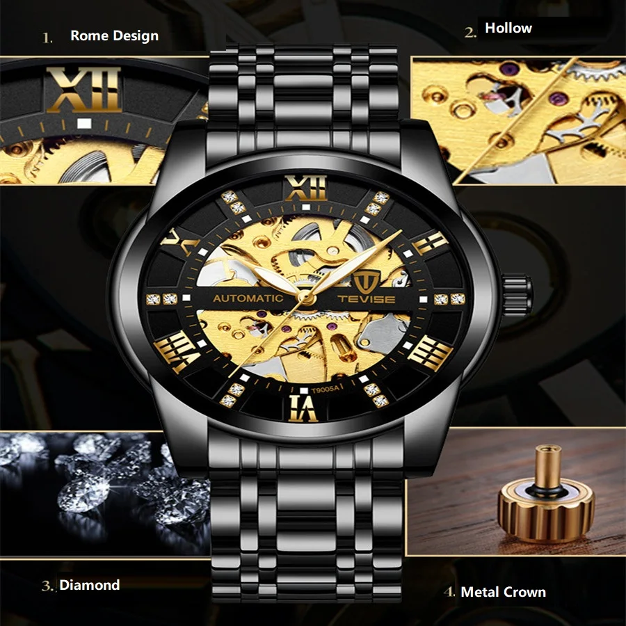 Automatic Skeleton Watches TEVISE T9005A Diamond Scale Luminous Hands Men Watch Mechanical Male Clock Classic Wristwatches 2024