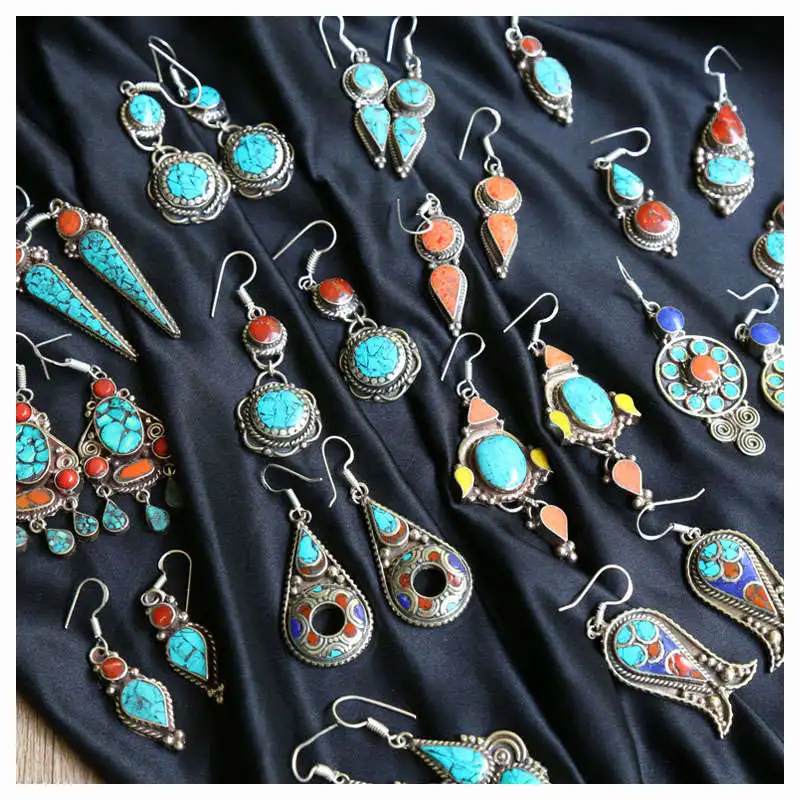 E007 Indian Vintage Hand Earring Pair Lovely for Girls Many Designs Copper Inlay Colorful Stone