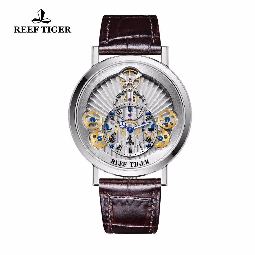 Reef Tiger/RT Designer Skeleton Watches for Men Gear Wheel   Quartz Watches Leather Band RGA1958