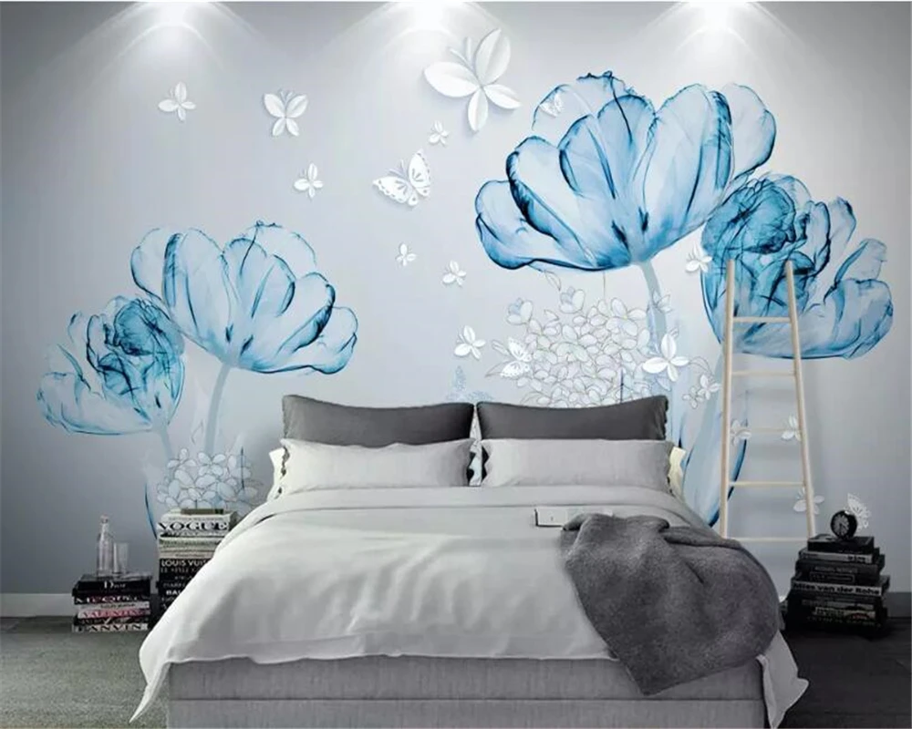 

Beibehang Custom wallpaper 3D Hand Painted Blue flower White butterfly murals TV backdrop wall mural Wallpaper for wall 3 d