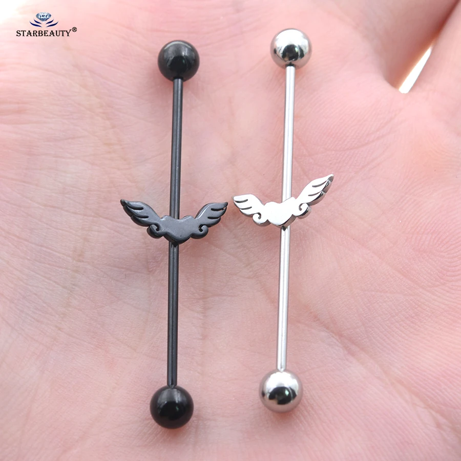 1pc 14G 38/42mm Black Drum Heart Wing Long Barbell Industrial Piercing Helix Earring Ear Piercing Stainless Steel Body Jewelry